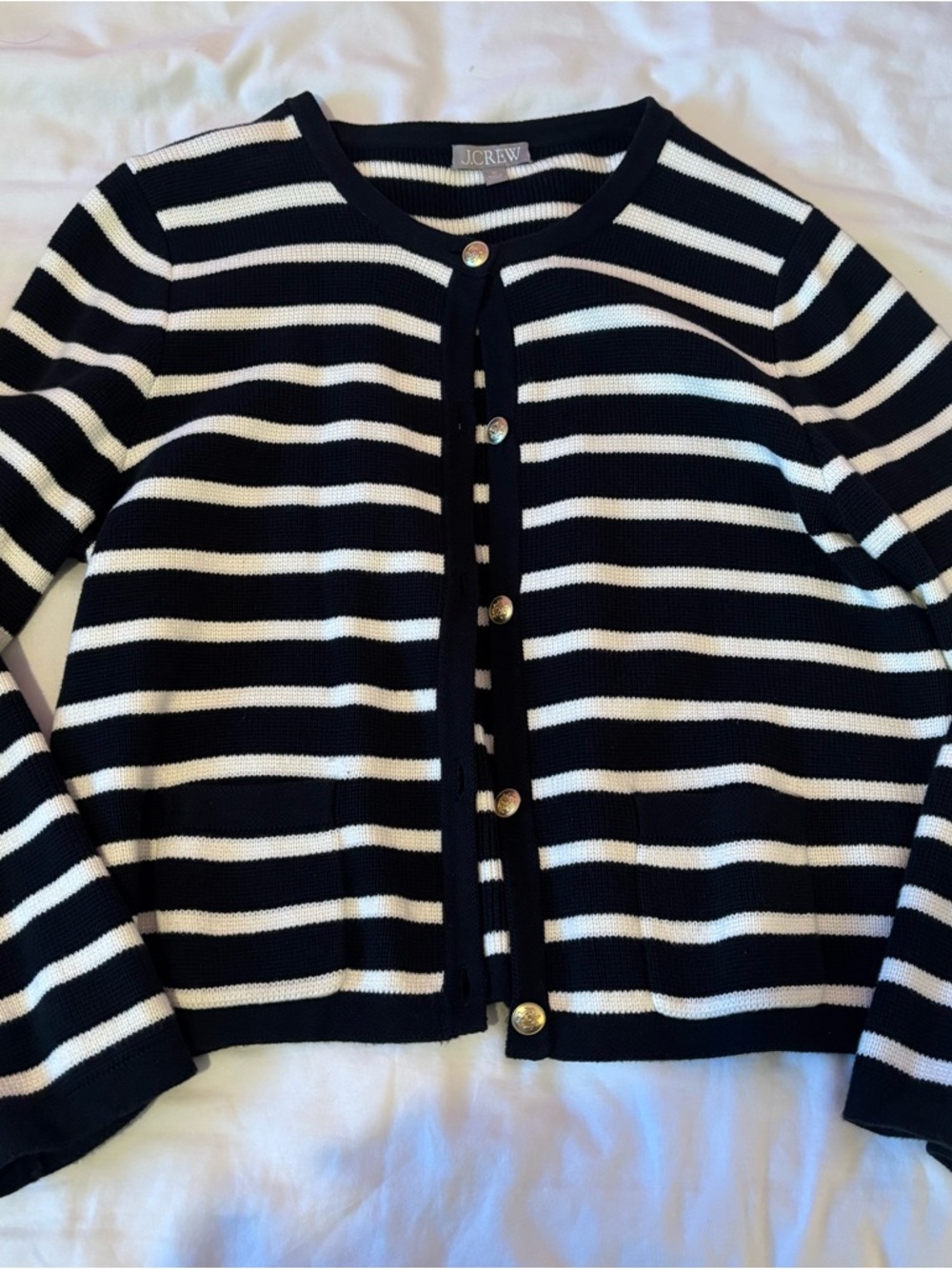 J. Crew Black and White Striped Button-Front Cardigan